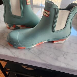 Hunter Aqua/White Sides, Chelsea Rain Boots with Coral & White Camo Sole.